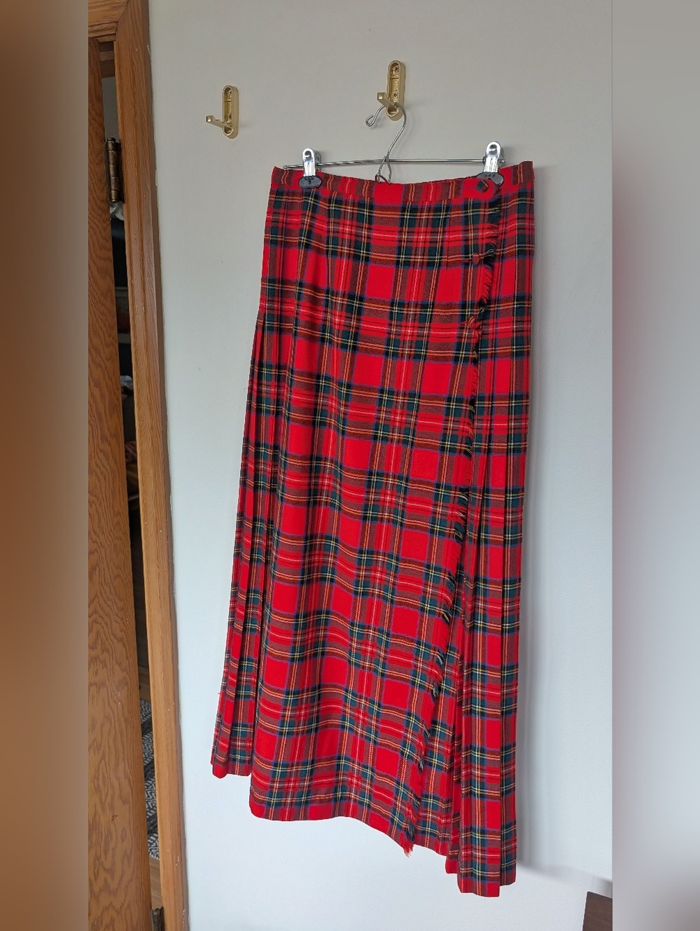 Long Pure Virgin Wool Stewart Red Tartan Pleated Skirt